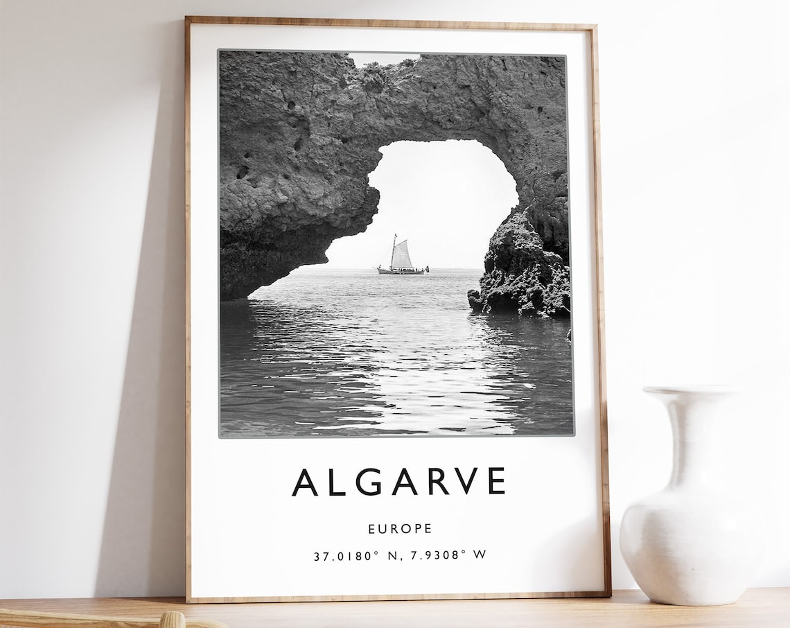Algarve Portugal Black And White Sea Arch Sailboat Ocean Poster