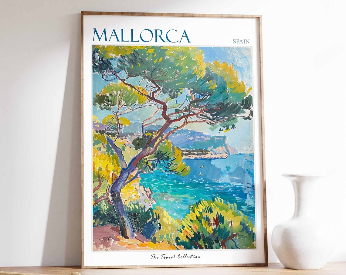 Mallorca Spain Pine Tree Over Turquoise Sea Island Travel Poster
