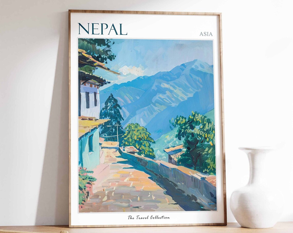 Nepal Asia Mountain Village Street Blue Peaks Scenic Art Poster