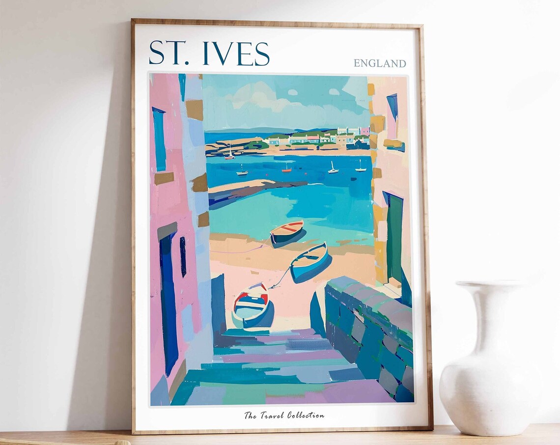 St Ives England Harbor Boats Pastel Coastal Art Travel Poster