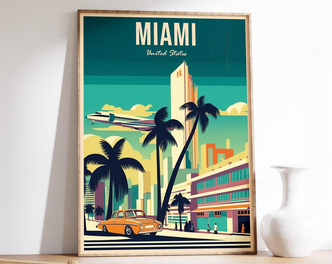 Miami United States Retro Art Deco Palm Street Vintage Travel Poster