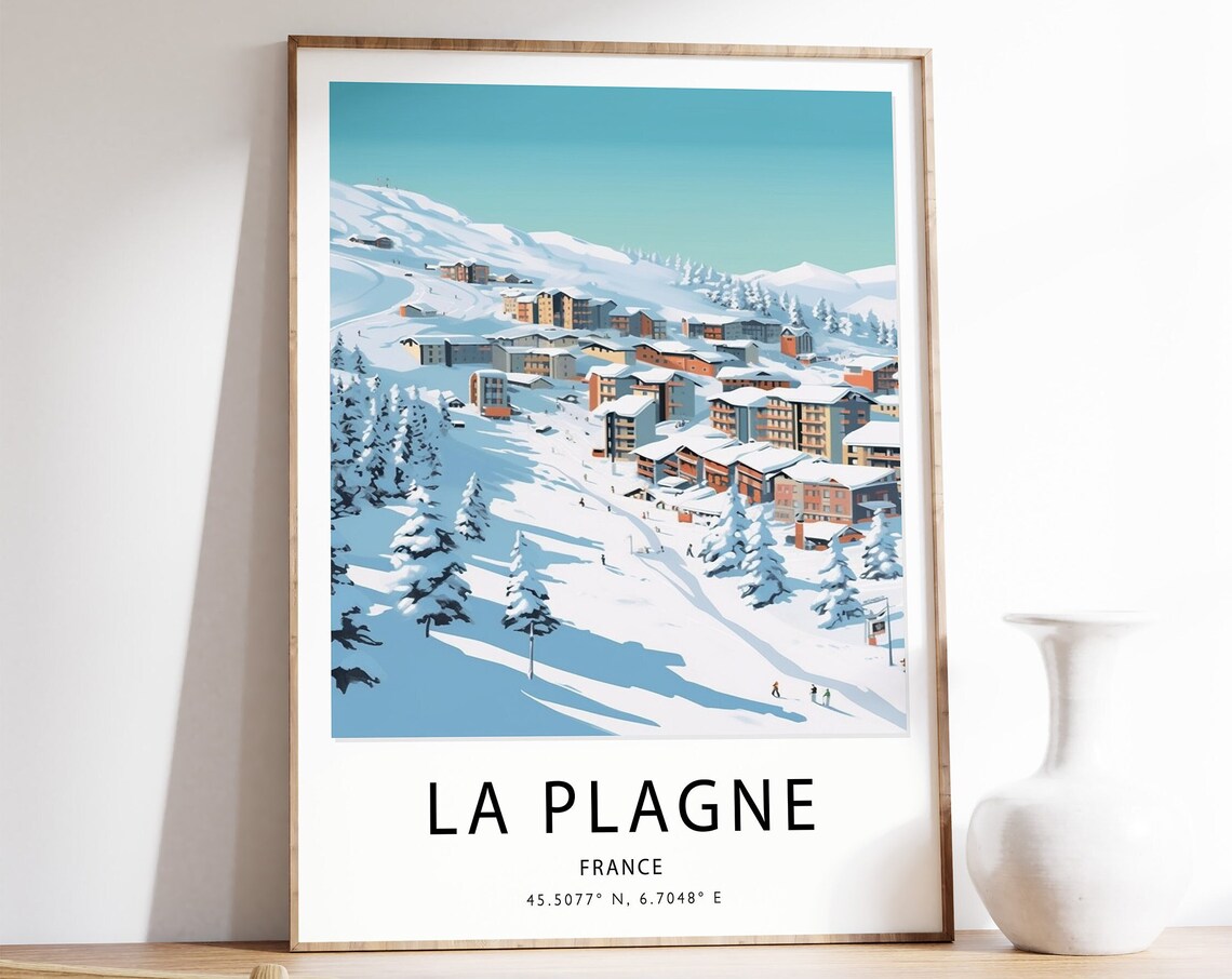 La Plagne Skiing Travel Poster, Winter Sport Print