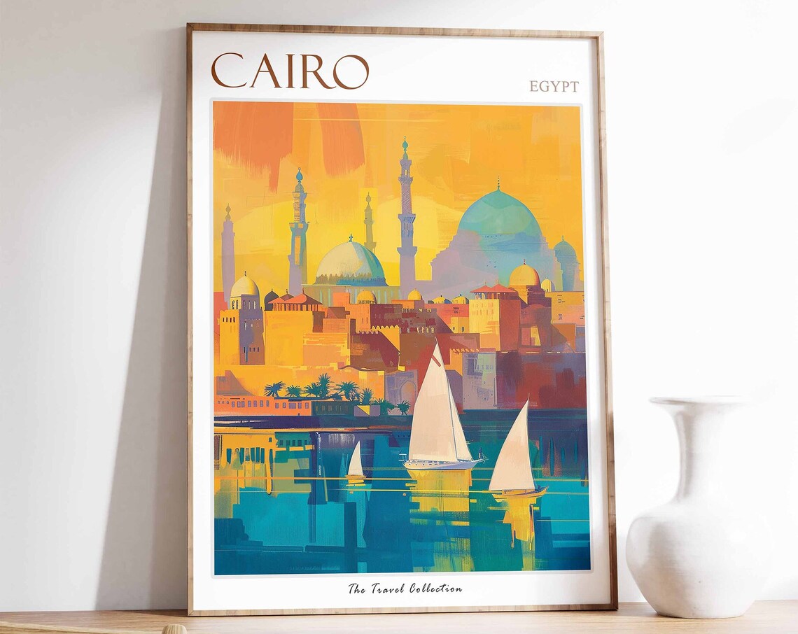 Cairo Egypt Colorful Mosque and Sailboat Nile River Art Travel Poster