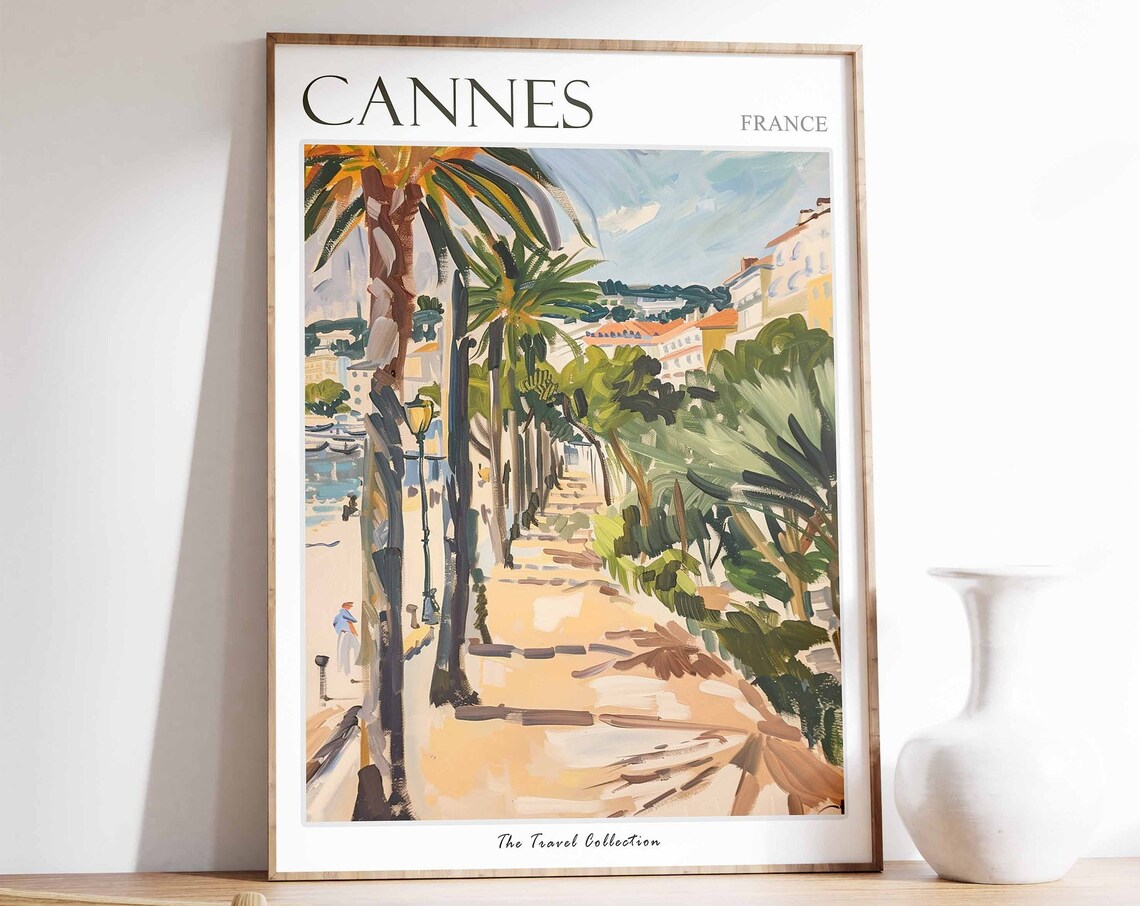 Cannes France Travel Poster Riviera Palm Promenade And Sunny Beach