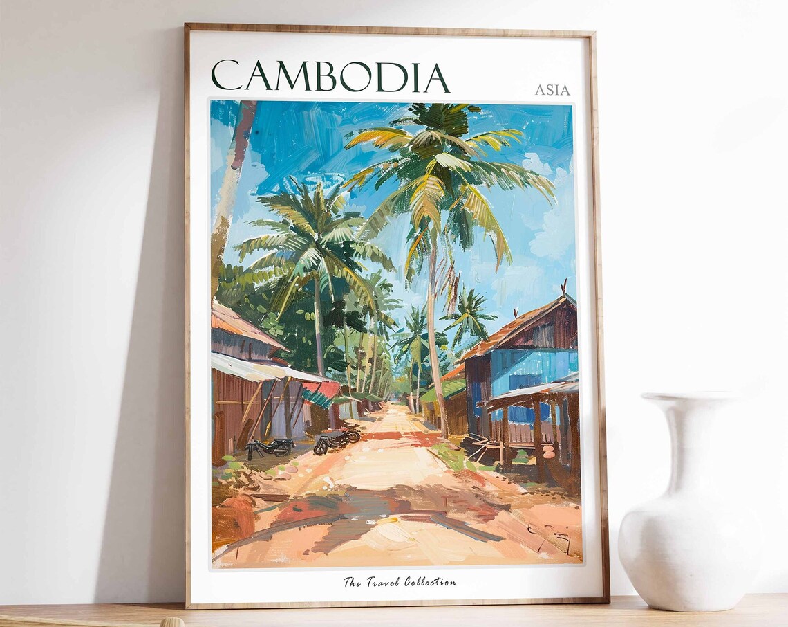 Cambodia Asia Village Dirt Street Stilt Houses Travel Poster