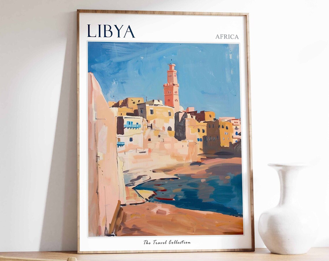 Libya Africa Sunlit Medina Travel Poster with Minaret by the Sea