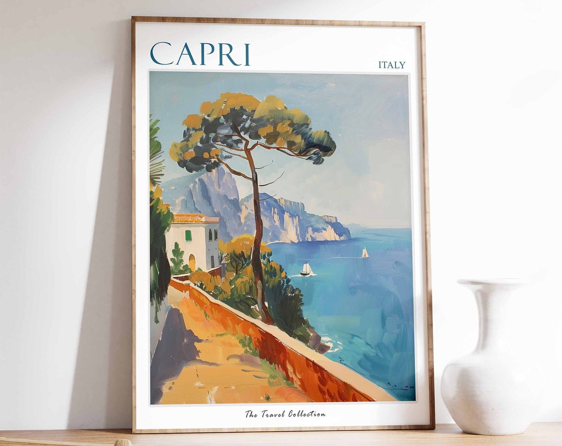 Capri Italy Coastal Path with Pine Tree Painted Mediterranean Poster