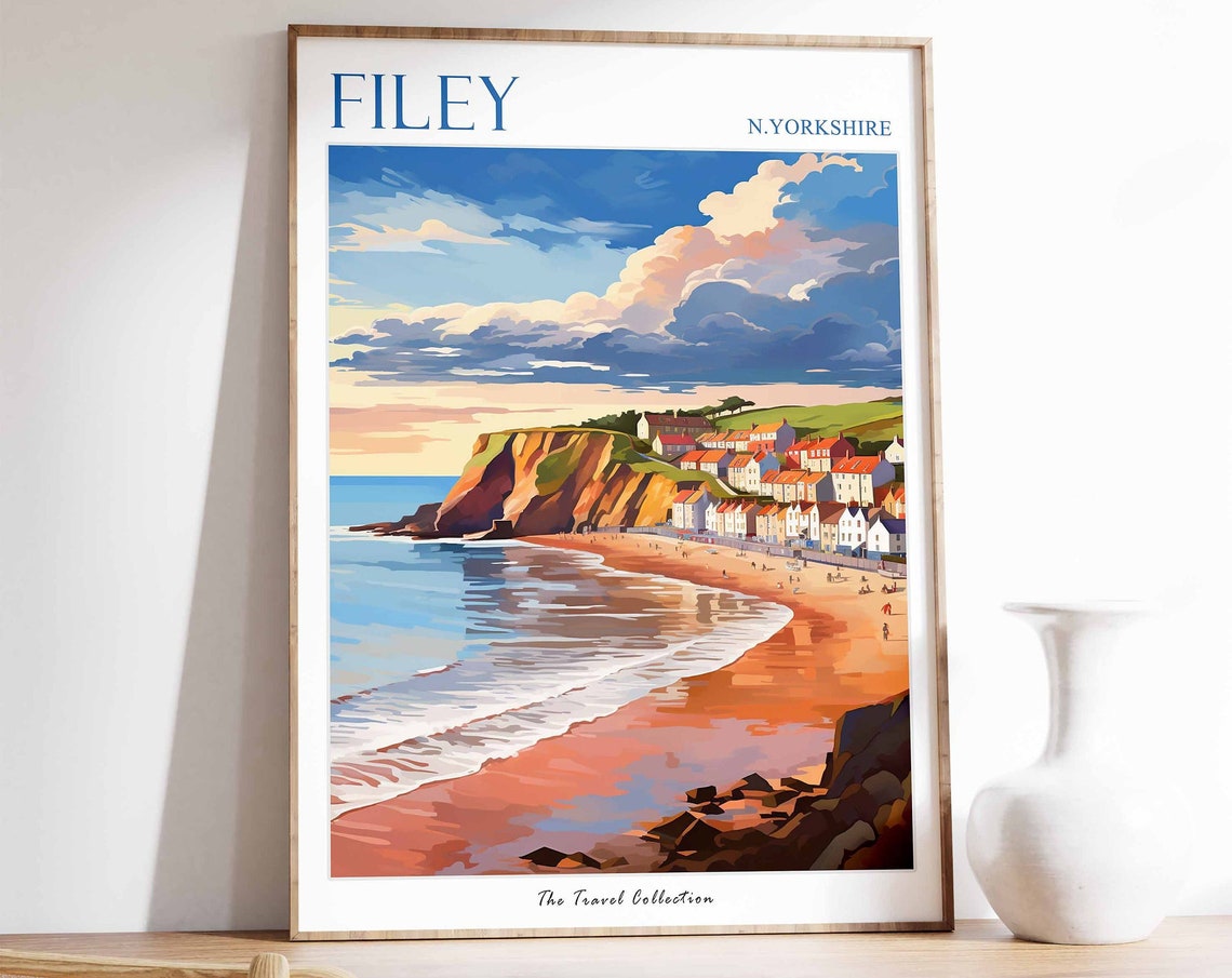 Filey North Yorkshire Beach Cliffs Colorful Coastal Travel Art Poster