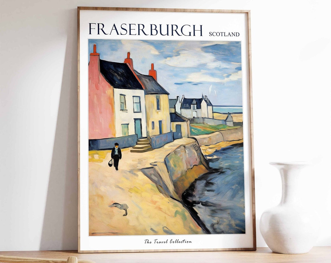 Fraserburgh Scotland Coastal Cottages Painted Travel Poster Art