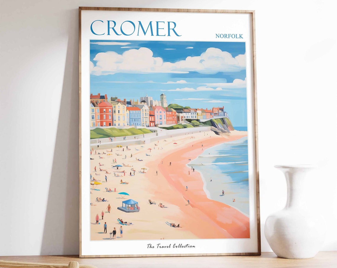 Cromer Norfolk Bustling Beach With Colorful Umbrellas Travel Poster