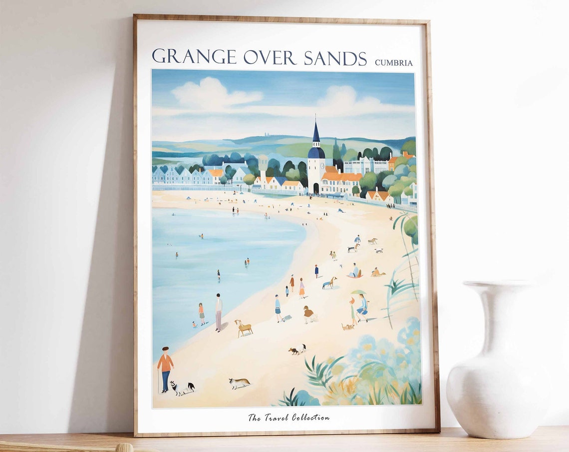 Grange Over Sands Cumbria Beach Walkers Dogs Church Spire Poster