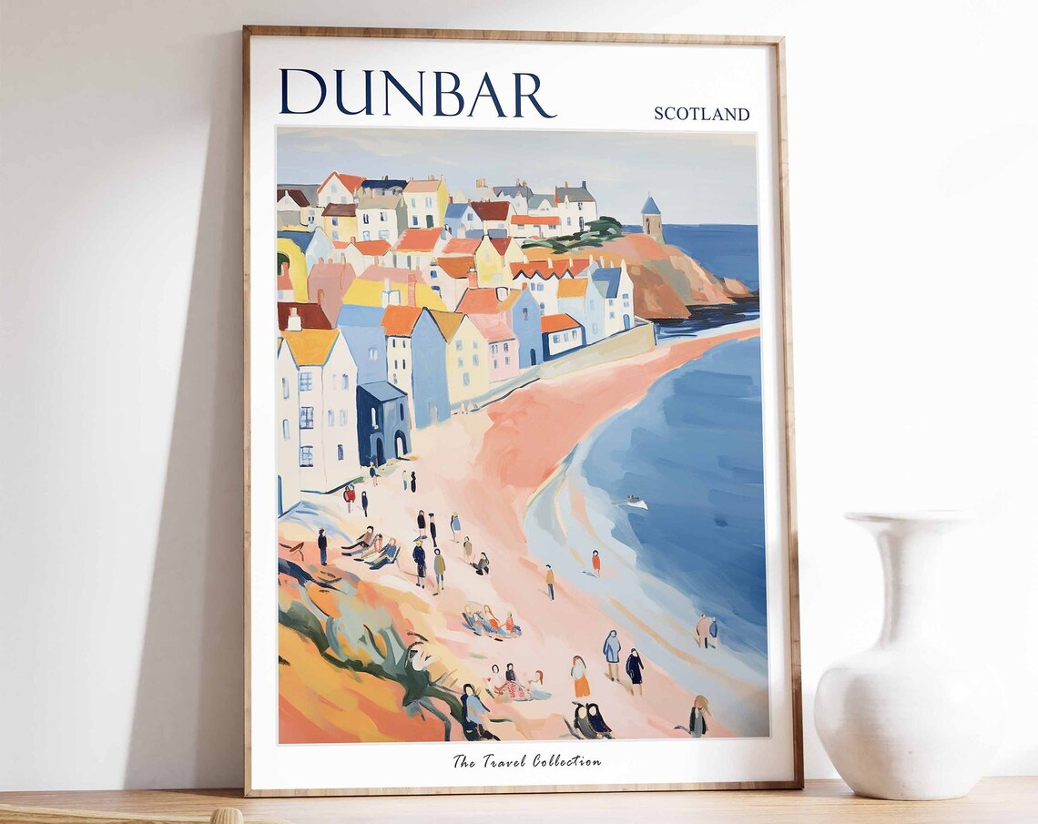 Dunbar Scotland Sunny Cliff Top Town Above Pink Beach Travel Poster