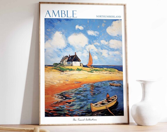 Amble Northumberland Sunset Beach Boats Painting Travel Poster