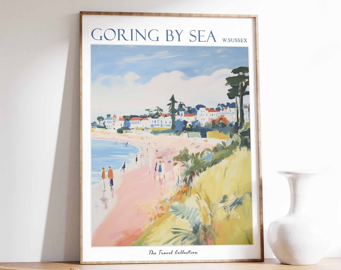 Goring By Sea West Sussex Pink Beach Pine Trees Seaside Poster