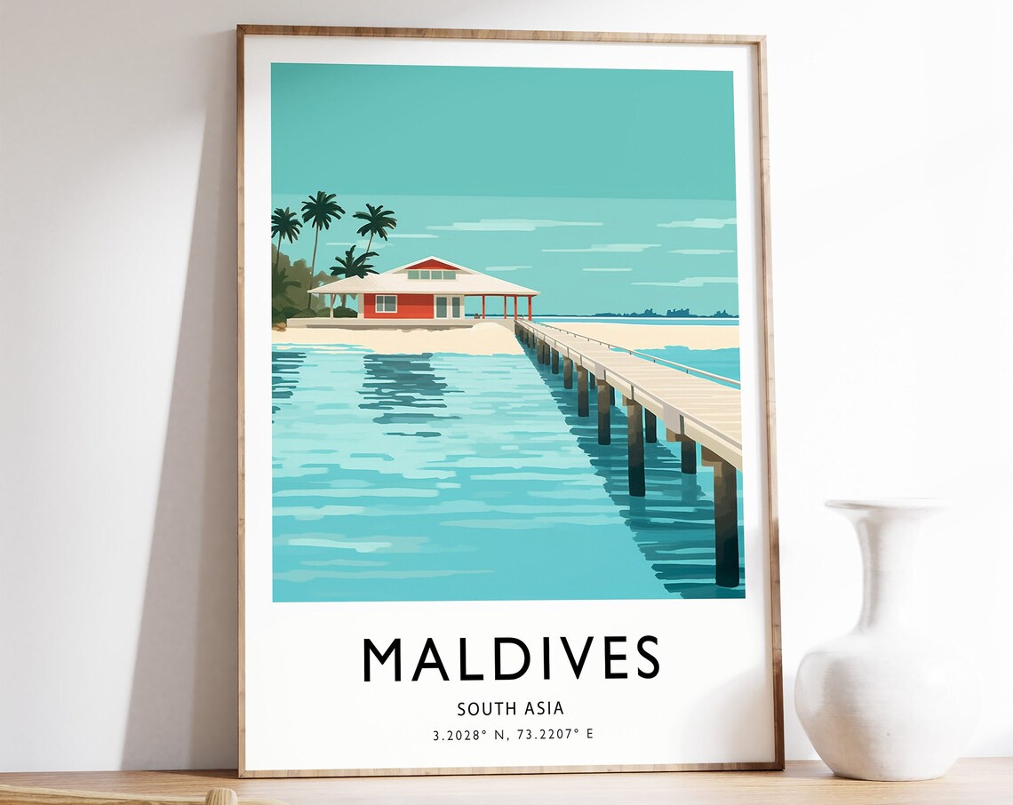 Maldives South Asia Overwater Pier Turquoise Lagoon Travel Poster