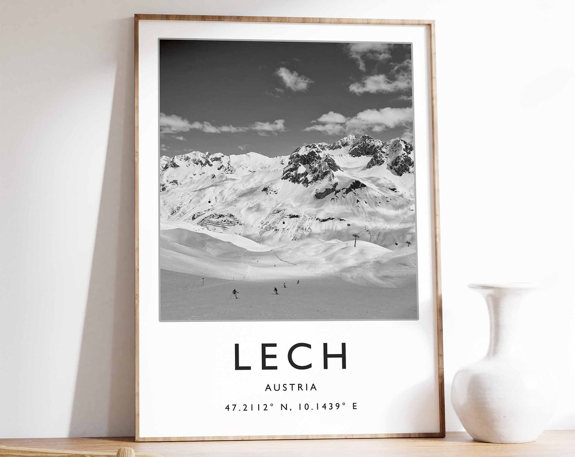 Lech Austria Black and White Snowy Ski Slopes Mountain Poster