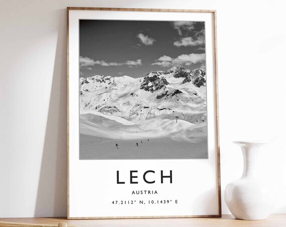 Lech Austria Black and White Snowy Ski Slopes Mountain Poster