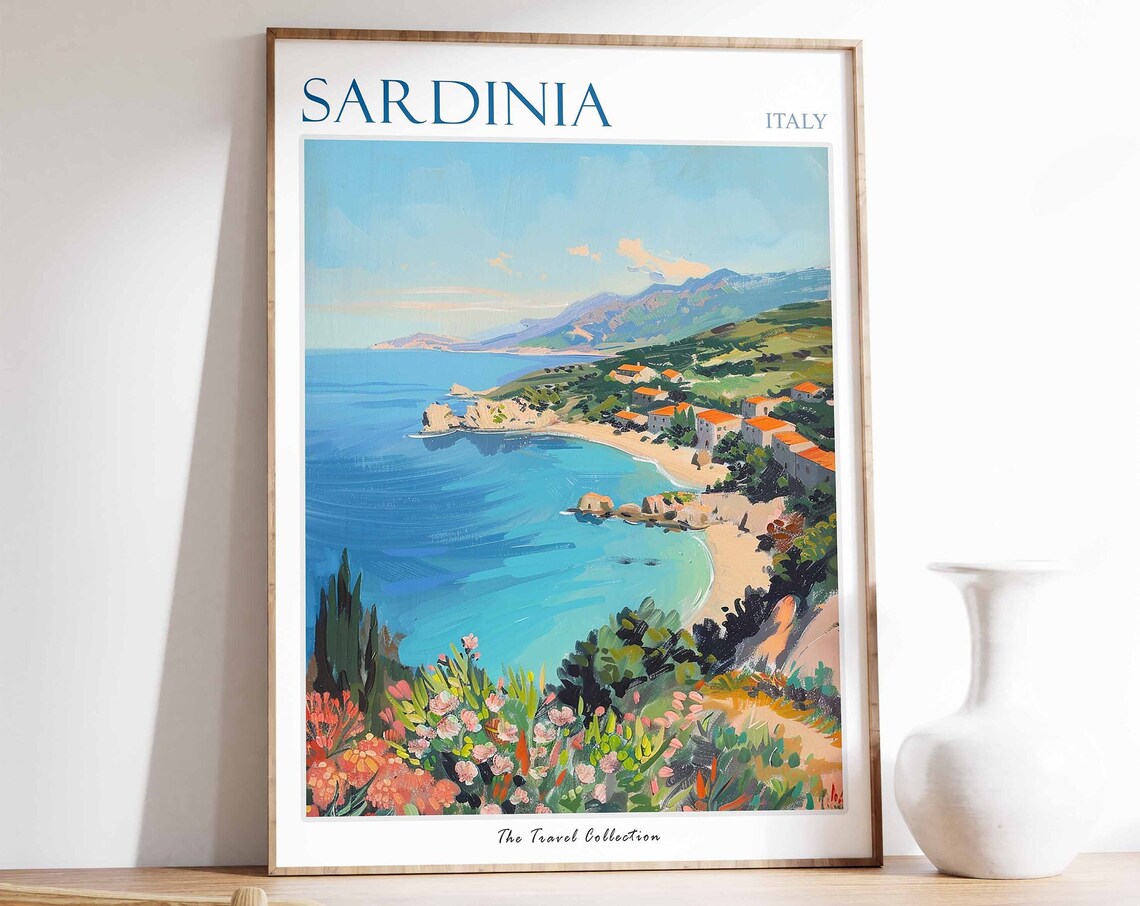 Sardinia Italy Travel Poster Turquoise Rocky Coast Village Flowers