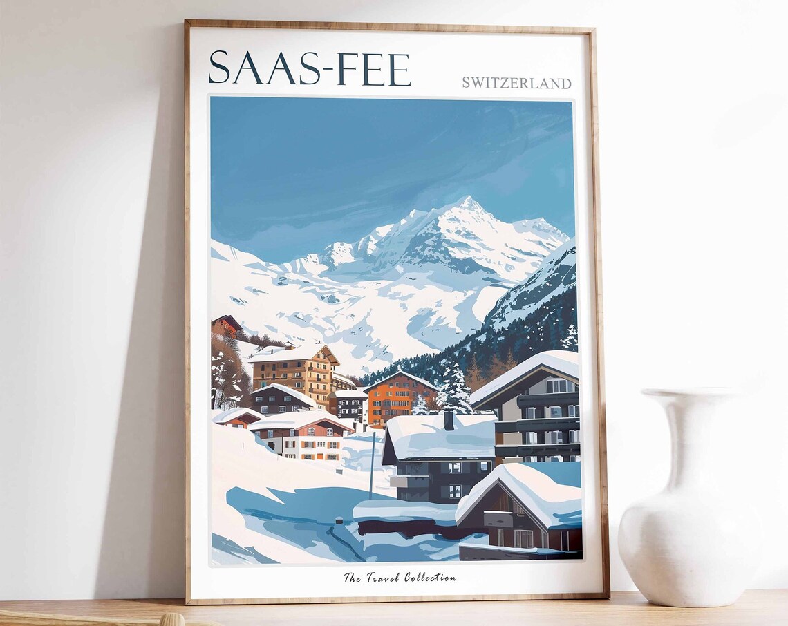 Saas-Fee Switzerland Colorful Snow Village Peaks Winter Poster