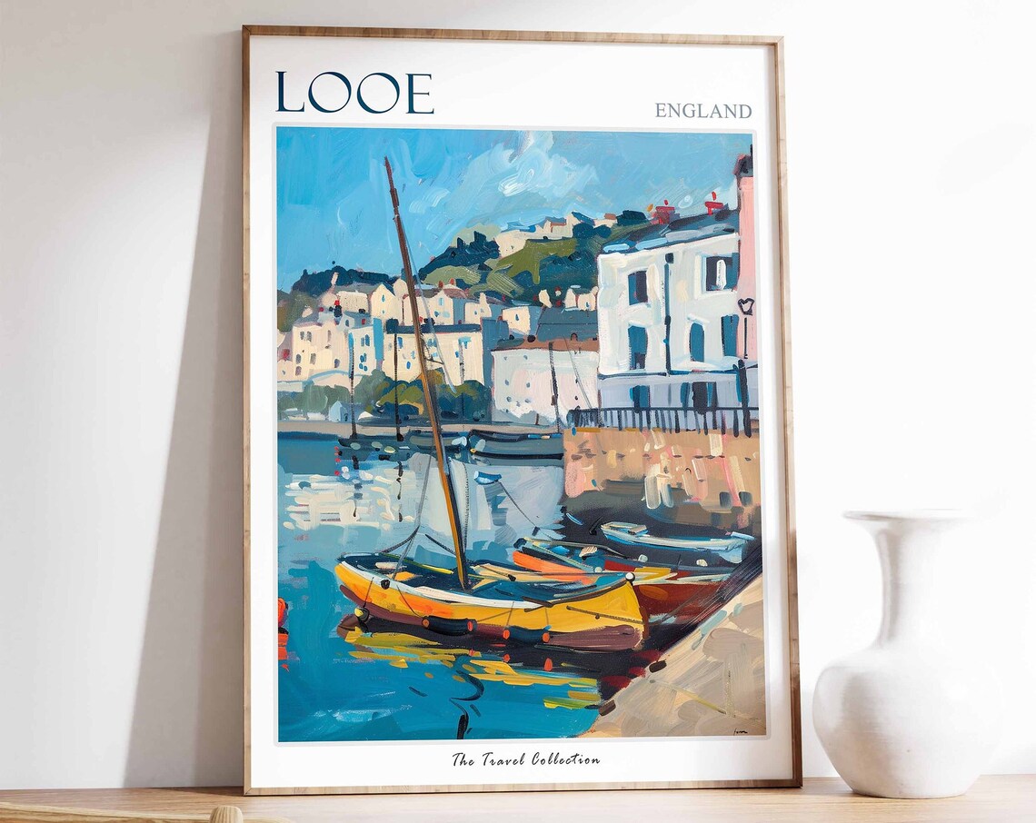 Looe England Travel Poster Cornish Fishing Boats And Old Harbor