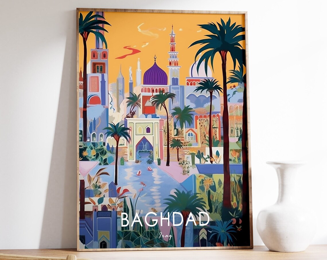 Baghdad Iraq Mosque Palm Trees Colorful Islamic Art Travel Poster