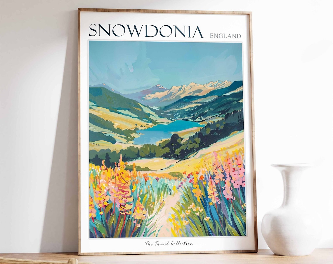 Snowdonia Wildflower Meadow Golden Hills Blue Valley Lake Poster
