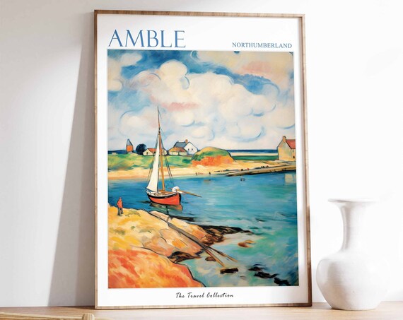 Amble Northumberland Coastal Harbor Sailboat Painting Travel Poster
