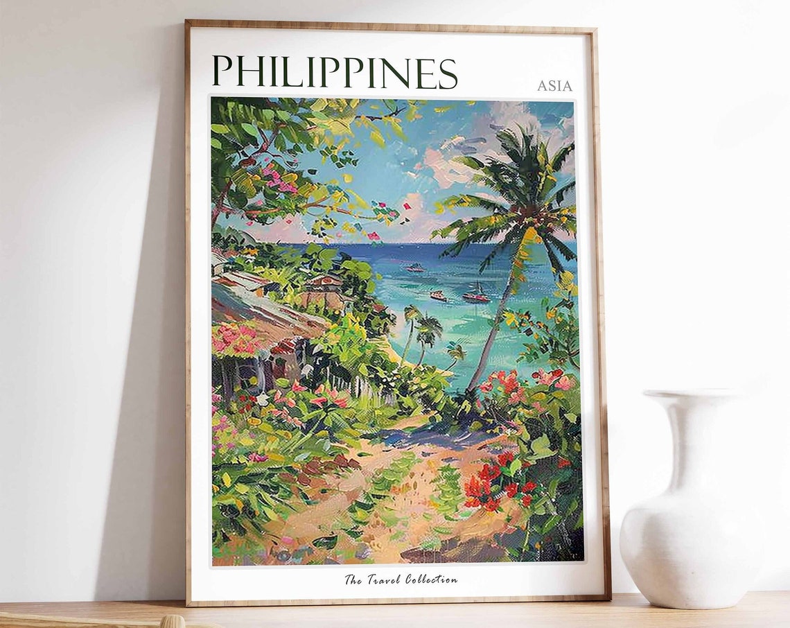 Philippines Asia Painted Tropical Beach Cove Palm Trees Boats Poster