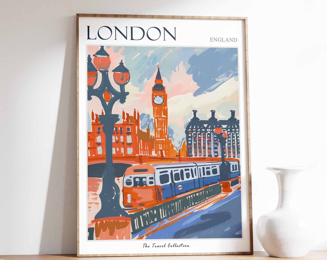 London Big Ben Bus Street Lamp Painted England Travel Poster City Art