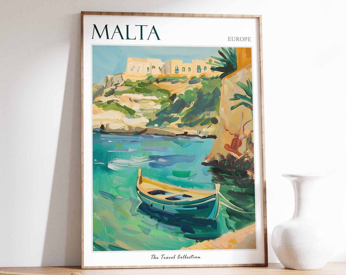 Malta Europe Turquoise Cove Fishing Boat Cliff Travel Poster