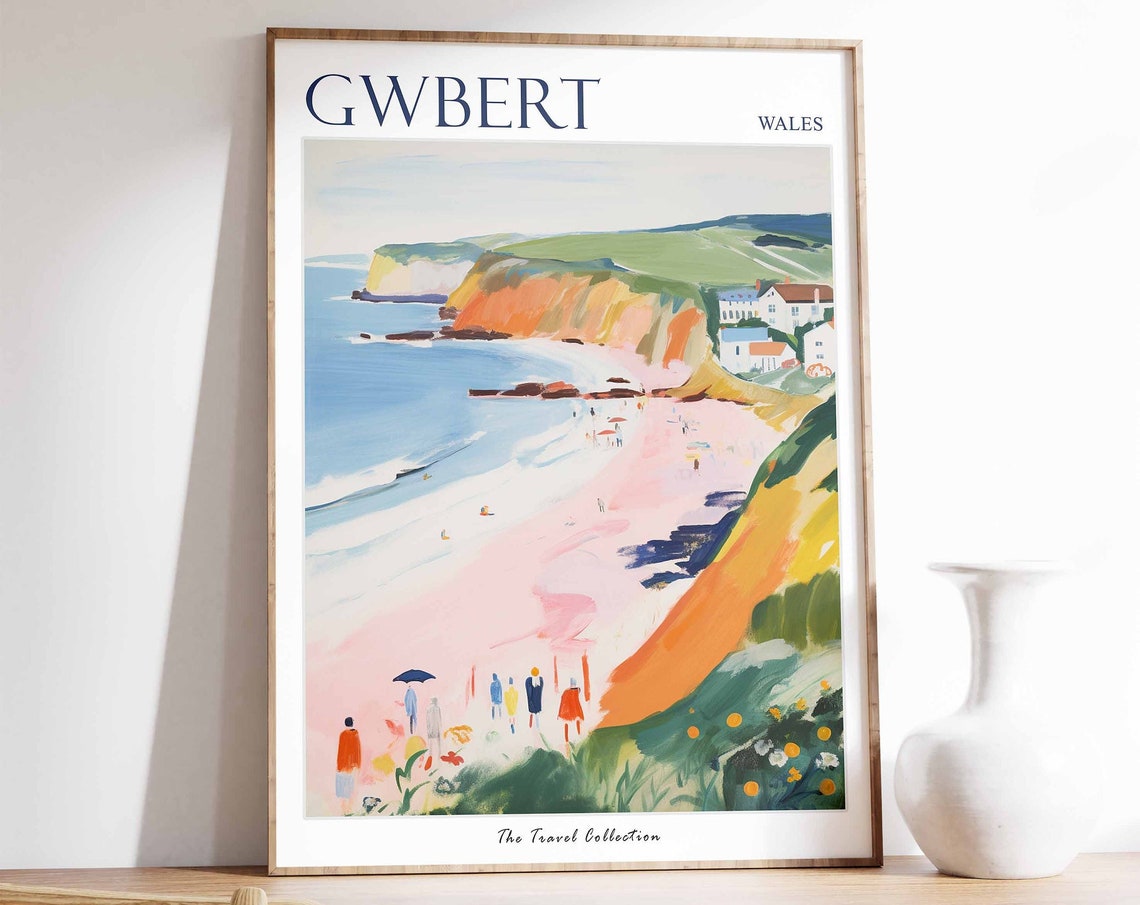 Gwbert Wales Pink Cove Orange Cliffs Scene Vintage Travel Poster