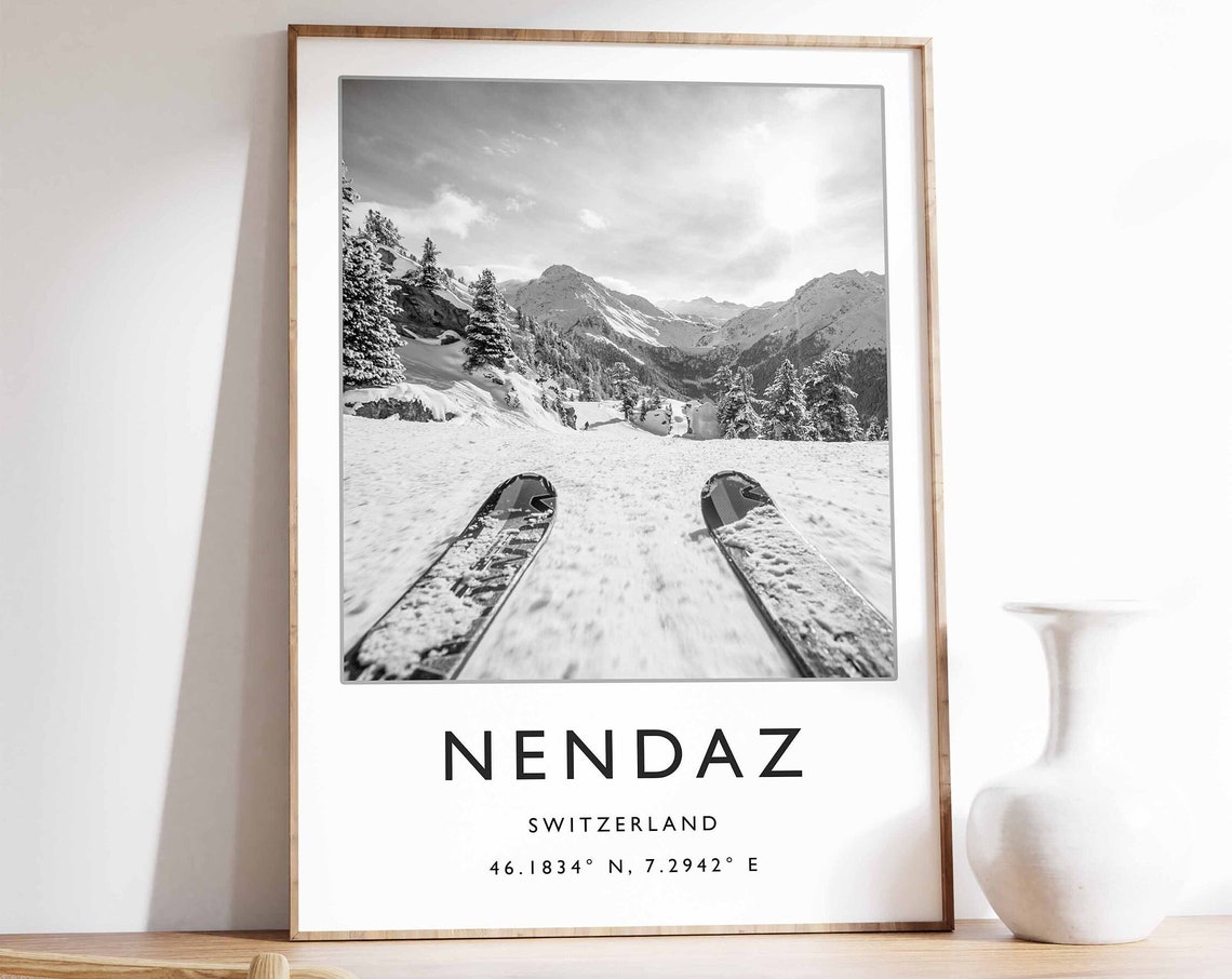 Nendaz Skier Viewpoint Snowy Mountain Slopes Switzerland Travel Poster
