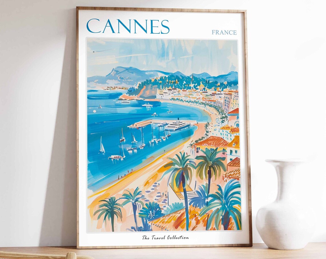Cannes France Riviera Bay Palms Yachts Golden Beach Art Poster