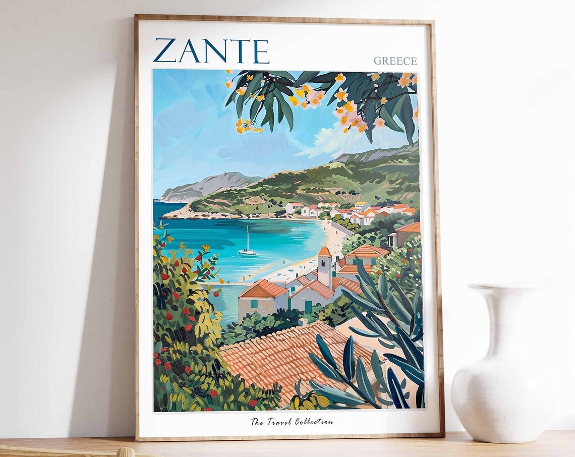 Zante Travel Poster, Greek Tropical Travel Art