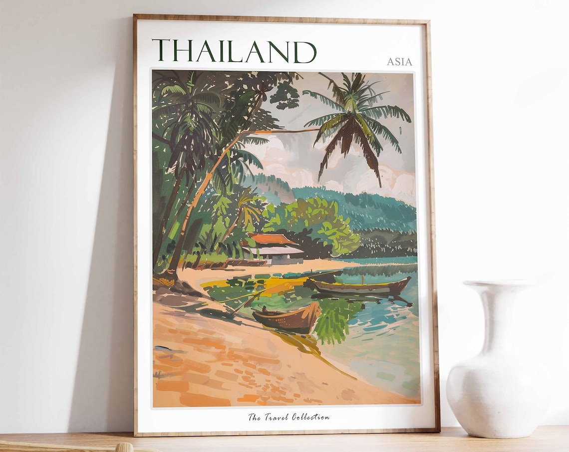Thailand Asia Sandy Beach Longtail Boats Leaning Palms Poster