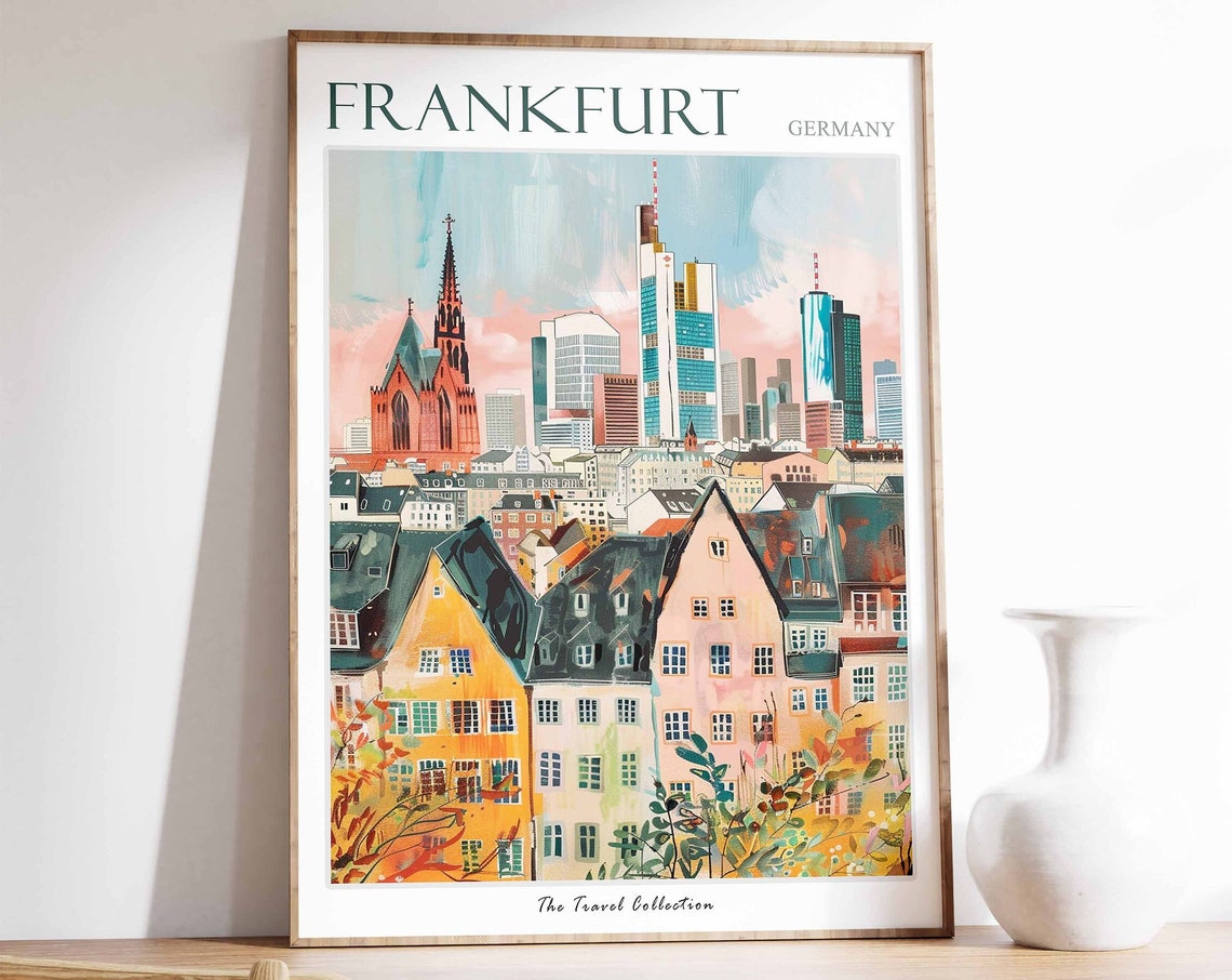 Frankfurt Germany Old Town Skyline Cathedral Scene Travel Poster