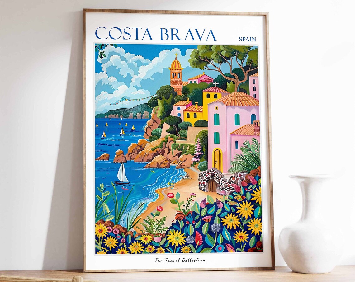 Costa Brava Spain Coastal Village Sailboats Floral Travel Poster