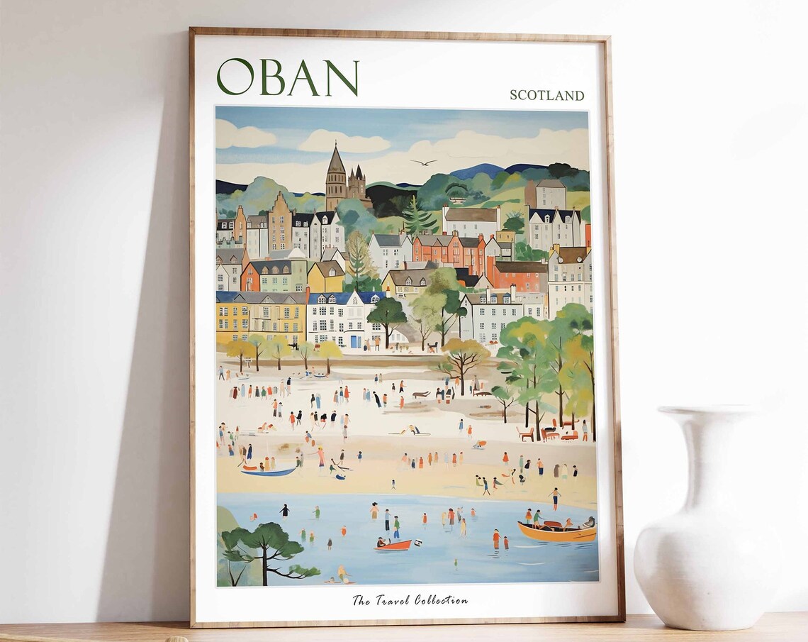 Oban Scotland Beach Park Rowboats People Waterfront Travel Poster