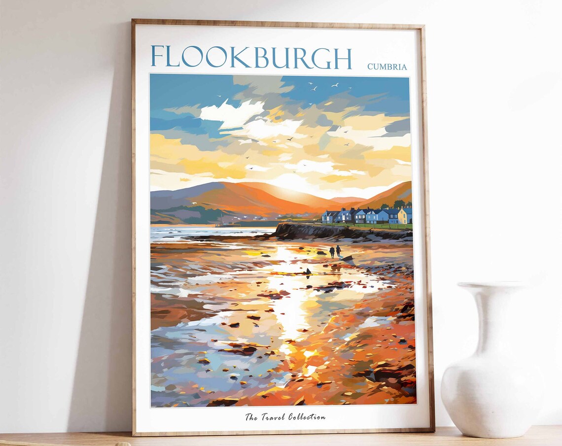 Flookburgh Cumbria Golden Beach Sunset Scene Vintage Travel Poster