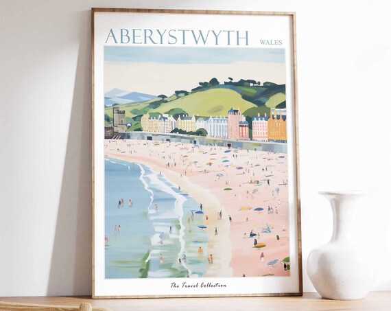 Aberystwyth Wales Beach Promenade Seaside Painting Travel Poster