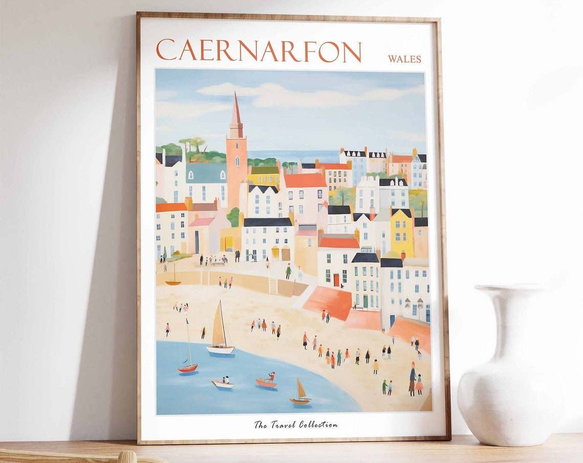 Caernarfon Wales Pastel Seaside Harbor Town Illustration Poster