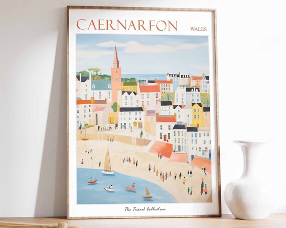 Caernarfon Wales Pastel Seaside Harbor Town Illustration Poster