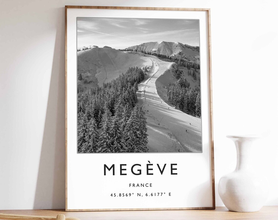 Megeve France Black and White Ski Piste Photography Travel Poster