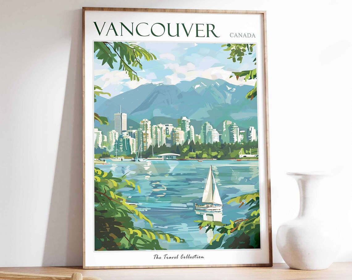 Vancouver Canada Skyline Mountains Travel Poster Sailboat Bay Art