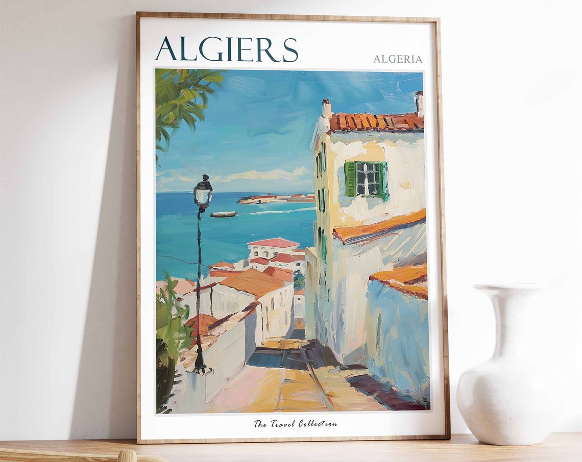 Algiers Algeria Whitewashed Street Turquoise Harbor Travel Poster