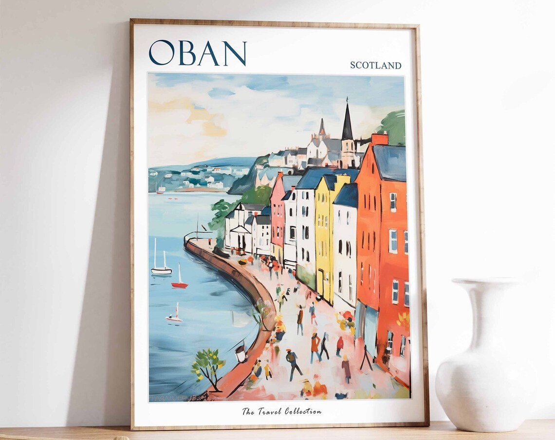 Oban Scotland Harbor Promenade Colorful Waterfront Travel Poster
