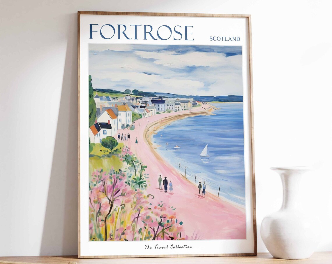 Fortrose Scotland Pink Beach Promenade Vintage Travel Poster