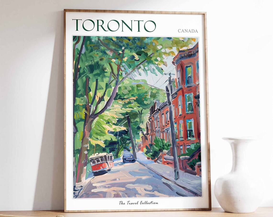 Toronto Canada Leafy Streetcar Street Brick Rowhouses Painting Poster