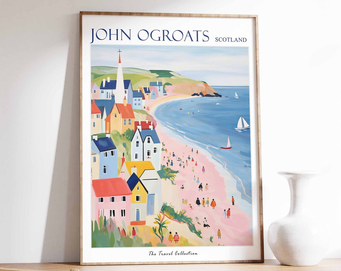 John Ogroats Scotland Pink Beach Village and Church Spire Poster