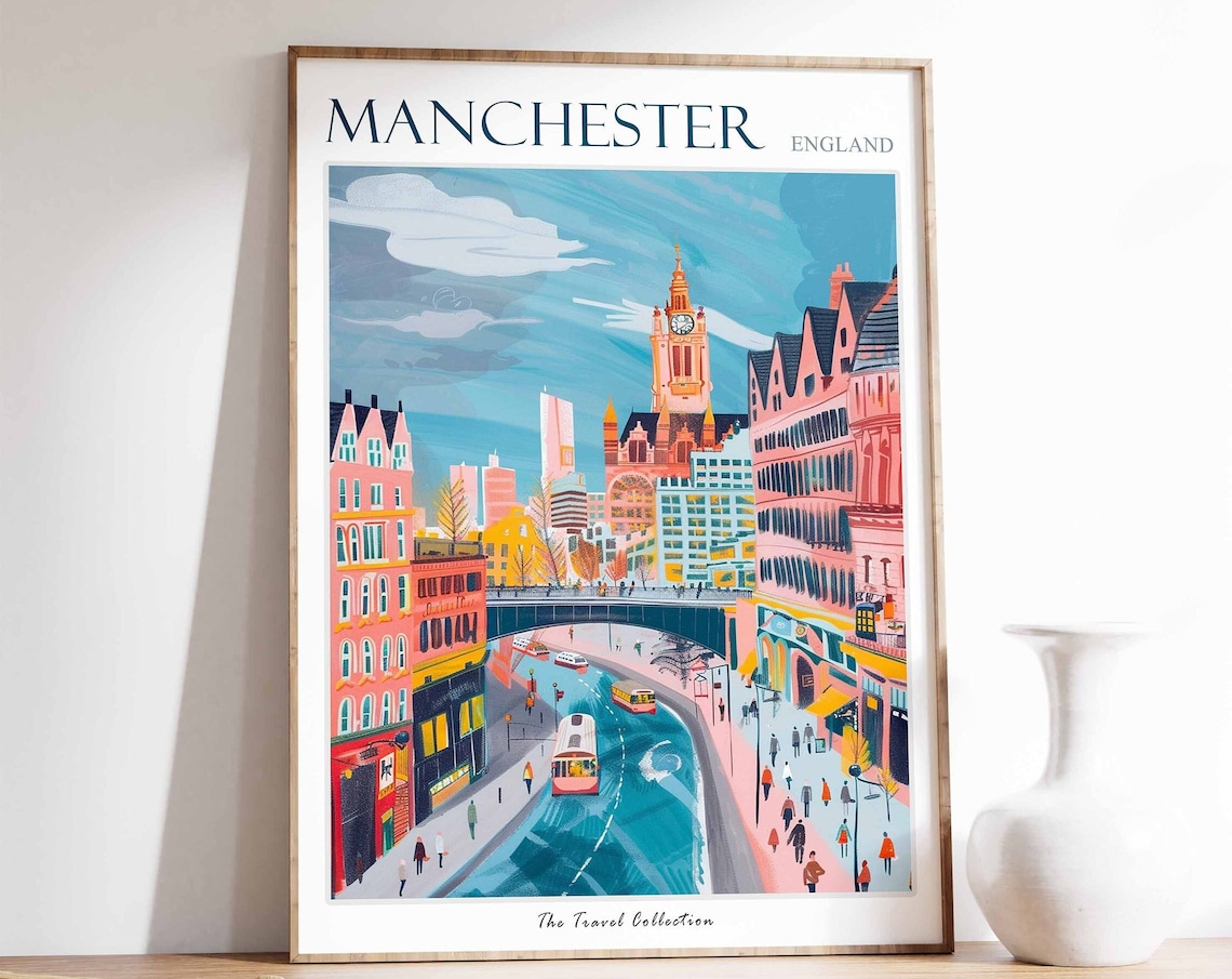 Manchester Travel Poster, Tropical Decor Print